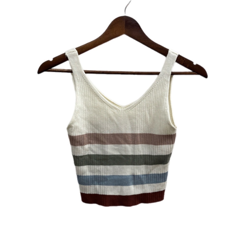 Active USA Striped Ribbed Knit‎ Tank Top Women L Cream Multi Excellent V-Neck